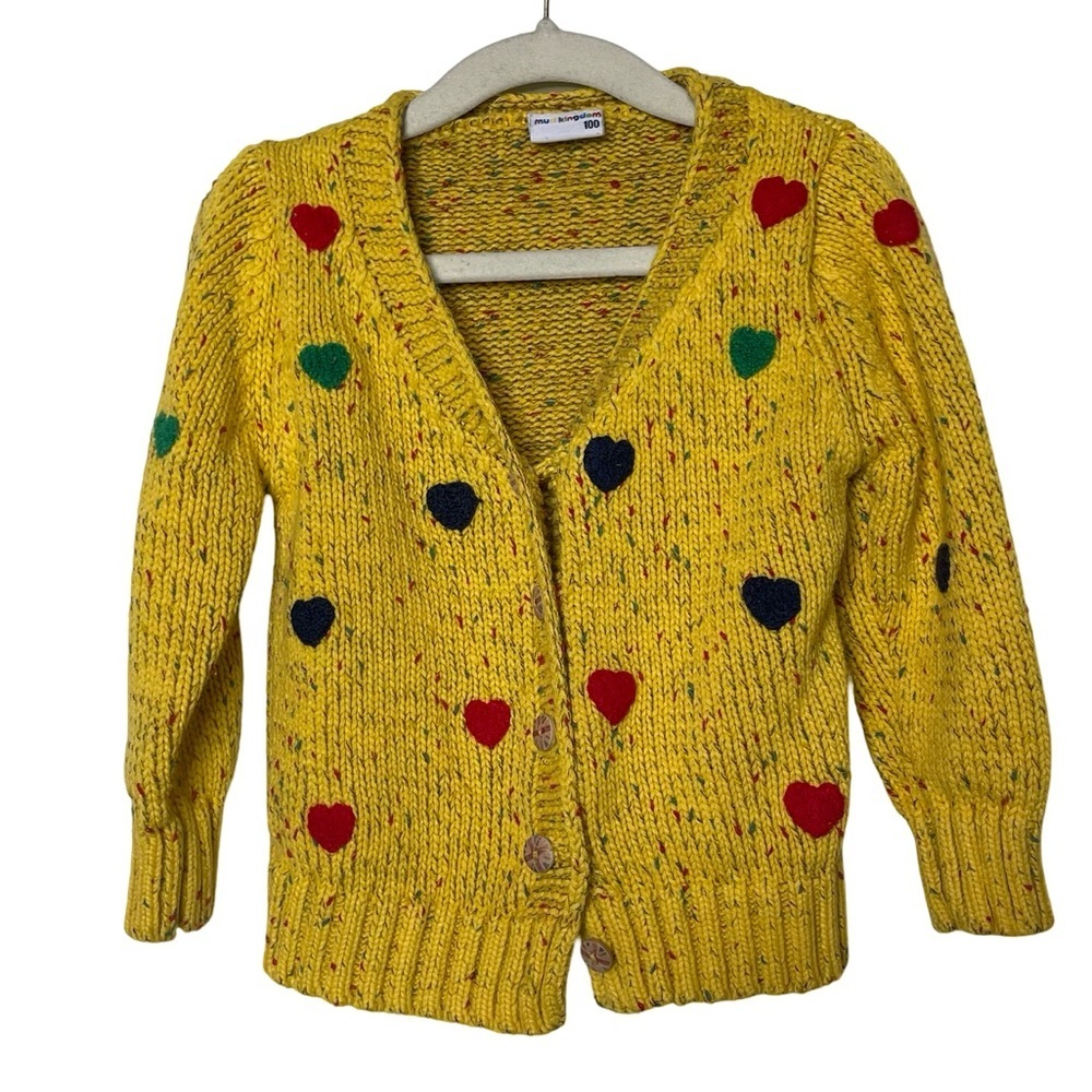 Mud Kingdom yellow knitted heart print cardigan sz 100cm 2-3 yo